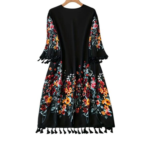 Floral Tassel Kimono Top Lightweight 3/4 Sleeve Open Front NEW Women’s - Picture 2 of 5